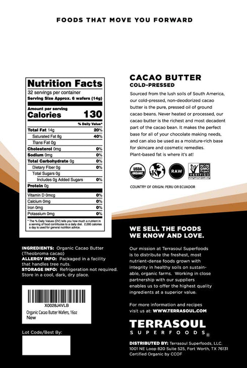 1 Lb Terrasoul Superfoods Organic Cacao Butter Wafers, - Raw | Keto | Vegan | Unrefined