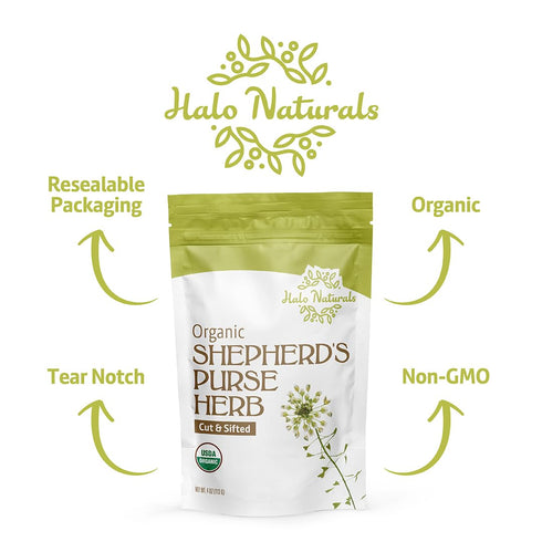 Halo Naturals 4 Packaged Organic Shepherd's Purse Herb Cut & Sifted, Ounces (Capsella bursa pastoris) USDA Certified |