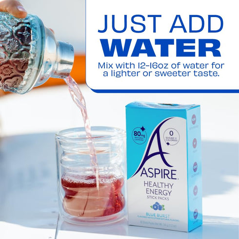 80mg 10 Packs ASPIRE Blue Burst, Healthy Energy Powder Sticks Natural Caffeine, Zero Sugar No Carbs Keto Friendly