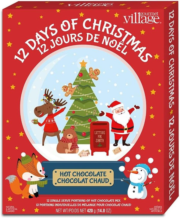 Gourmet du Village Advent Calendar Gift Box, 12 Christmas Season Single-Serve Hot Chocolate Mixes in