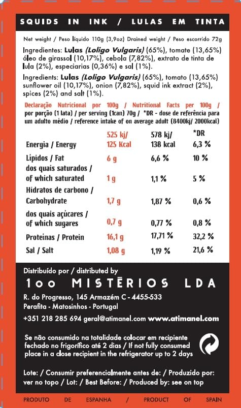Ati Manel Omega-3 1 110g Spanish Squids Canned in Ink | Wild Caught, B Vitamins, | Tinned Seafood by | x Can