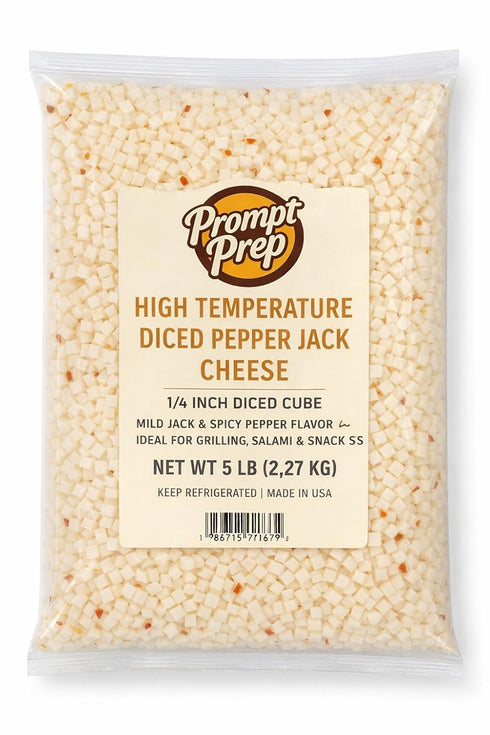 Prompt Prep High Temperature Diced Pepper Jack Cheese, 5 lb. Bag, 1/4