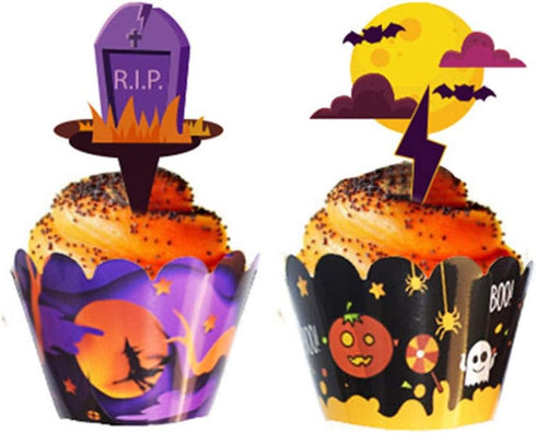 48 Pieces Halloween Cupcake Toppers Kit for Halloween Cake Decoration with Cupcake Wrappers