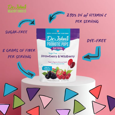 14 Count. 3.85oz Dr. John's Healthy Sweets Probiotic Pops for Kids Strawberry & Wildberry with Zero Sugar, Dye-Free