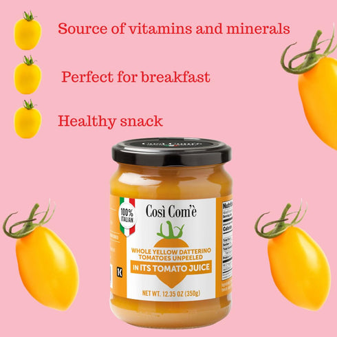 (12.35 oz), 100% Cosi Come - Datterino, Italian Yellow Tomatoes Unpeeled Low-acid, No additives, No preservatives