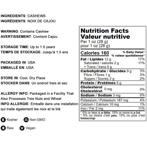 Food to Live Cashew Nuts, 8 Ounces, Non-GMO Verified, Whole Nuts, Unsalted, Kosher, Raw, Vegan, Bulk