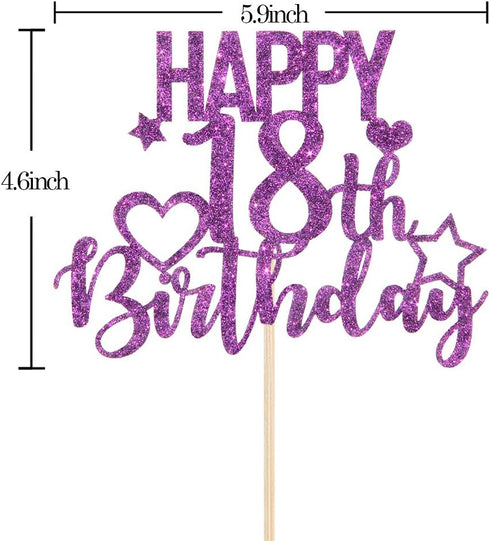 INNORU Purple Glitter Happy 18th Birthday Cake Topper - Cheers to 18 Years Birthday Party Decorations
