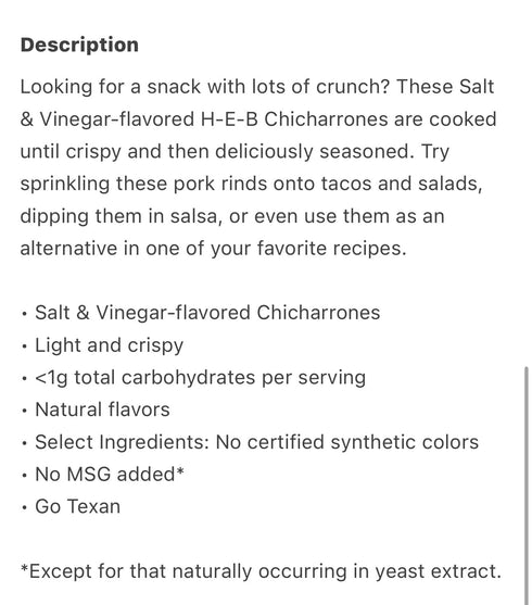 border merchant 5oz. pack 2 heb chicharrones pork rinds salt & vinegar | hot & spicy