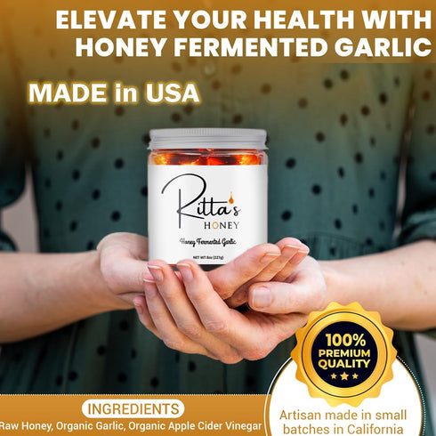 Ritta's Honey 100% Fermented Garlic Honey to Enhance Meals and Overall Wellness. Pure, Nutrient Rich Raw California