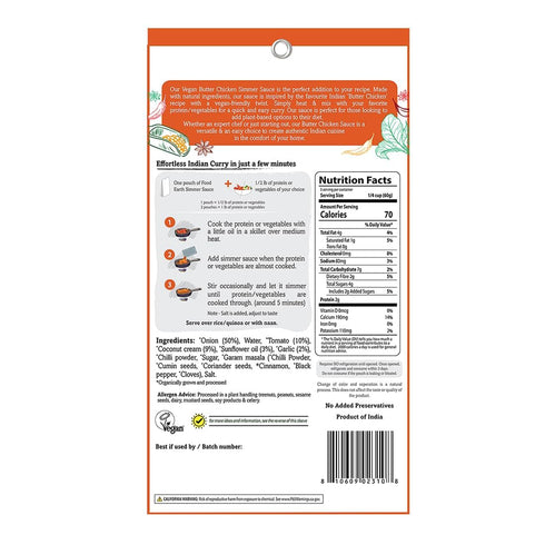 Simmer 12 (5.29 oz Food Earth Indian Sauce Butter Chicken Organic, Vegan, Gluten-Free, GMO-Free Microwavable Cooking
