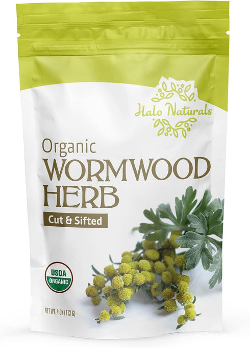 Halo Naturals 4 Packaged (Pack 1) Organic Wormwood Herb Cut & Sifted, Ounces (Artemisia Absinthium) USDA Certified