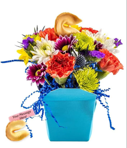 Baby Boy Blue Fresh Cut Live Flowers Arranged in a Takeout Container