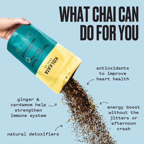 20 4.23 oz Kolkata Chai Decaf Masala Chai mix, Makes cups, Premium loose leaf tea and spice blend, All Natural