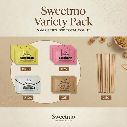 Sweetmo Packets Pack 300 Count Sugar Variety - Sucralose, Raw Sugar, Saccharin, Cane Sugar with Wooden Stirrers