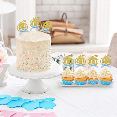24pcs Pumpkin Cupcake Toppers - Fall Theme Cake Decoration for Baby Shower Party Supplies (Blue Bow)