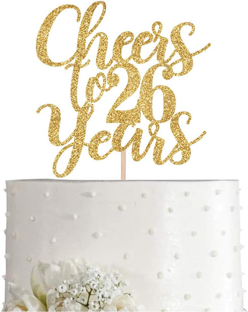 Gold Glitter Cheers to 26 Years Cake Topper, Happy 26th Birthday Decorations, Birthday Party Supplies