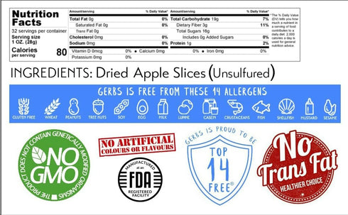 2 LBS. 14 Gerbs Dried New England Apple Slices - No Sugar Added, Unsulfured & Preservative Free - Top Allergy Free