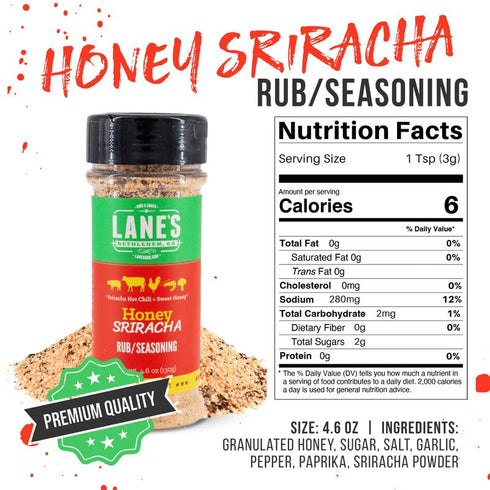 Lane's Honey Sriracha Seasoning, All-Natural Sriracha Powder Blend with Garlic & Herb for Pork & Meat, 4.6 Oz