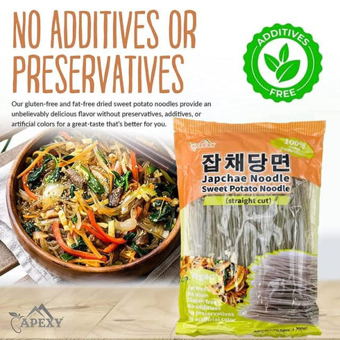 APEXY 100% 10.58oz Sweet Potato Glass Noodles Straight Cut, Japchae Noodles, Korean Vermicelli Pasta, Fat-free