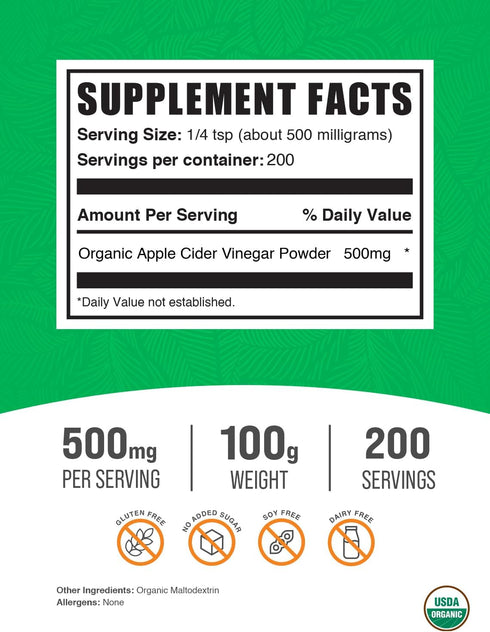 500mg 100g (3.5 oz) (Pack 1) BulkSupplements.com Organic Apple Cider Vinegar Powder - Apple Cider Vinegar Supplement