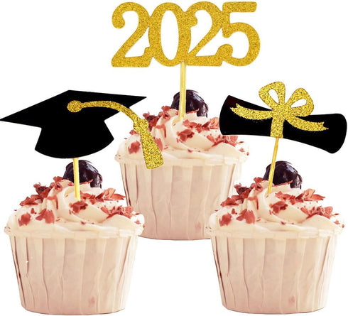 2025 Graduation Cupcake Toppers, 48 PCS Food/Appetizer Picks, Grad Cap Set, Diploma, Mini Cake Decorations