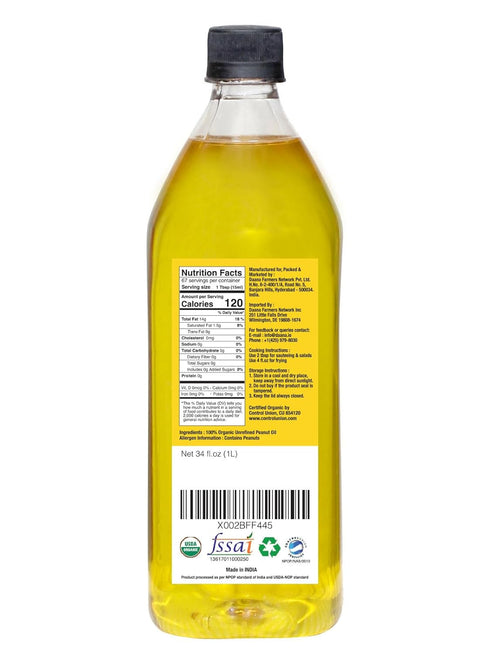 (34 oz) Daana Peanut Oil: CERTIFIED USDA ORGANIC, EXTRA VIRGIN, COLD PRESSED Fl