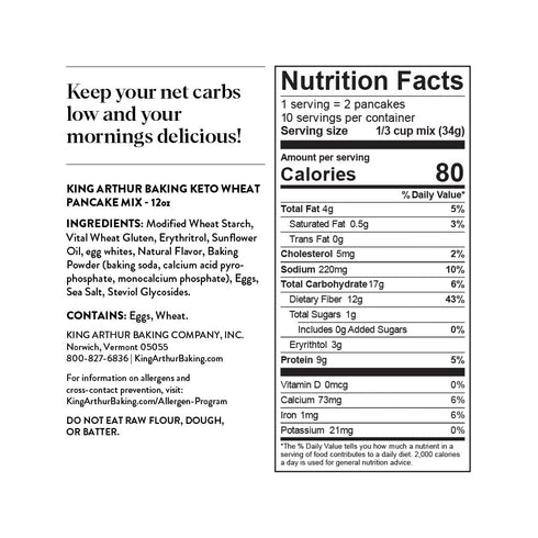 12 Oz, Packaging (Pack 6) King Arthur, Keto Wheat Pancake Mix, Sourced Non-GMO, Certified Kosher, Keto Friendly, May