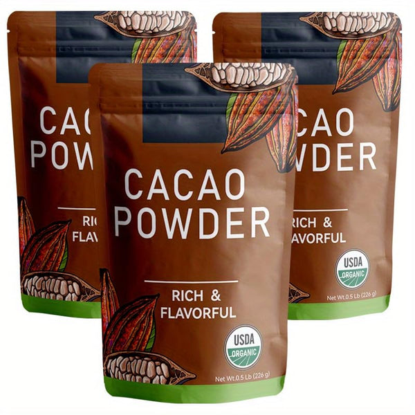 DRUOUO 226g/3pack, Ultra-Fine Organic Cacao Powder Gourmet Baking Grade, Non-Alkalized Pure Cocoa for