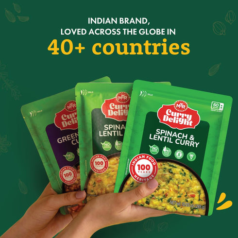 100% 2-285g Pack 6 MTR Curry Delight - Authentic Indian Ready-to-Eat Spinach & Lentil Curry - Gluten-Free, No Added