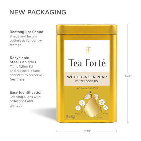 35-50 Tea Forte White Ginger Pear Premium Loose Leaf Caffeinated White Tea Blend Canister, Makes Cups