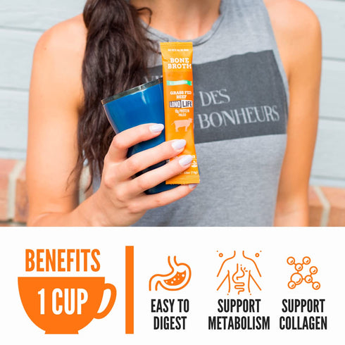 LonoLife Low Sodium Beef Bone Broth Powder Mix, Grass-Fed, 10g Protein, 10 Portable Stick Pack Servings