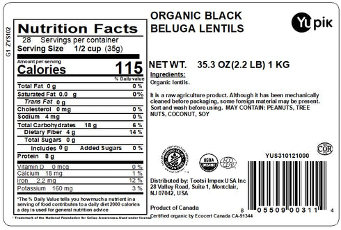 2.2 lb (35.3 oz), Yupik Organic Black Beluga Lentils, Non-GMO, Vegan, Gluten-Free, Kosher, Raw, Sugar-Free - Rich