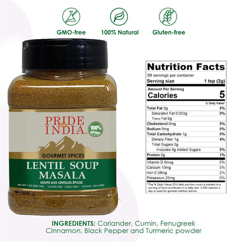 7 oz. Pride of India - Lentil Soup Masala Authentic Indian Taste Spice Blend for Lentil Soups and Stews Flavorful Mix