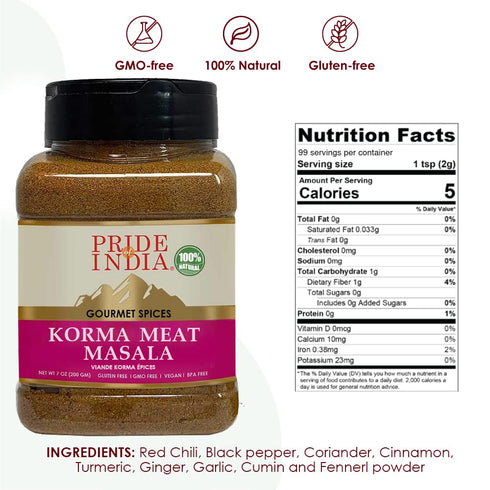 Pride of India Korma Meat Masala Mix, Ideal for Traditional Meat/Lamb Curry, 7 oz Medium Dual Sifter Jar