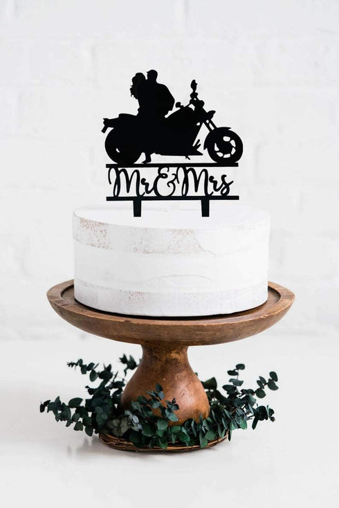Motorcycle Cake Topper, Black Acrylic Bride & Groom, Funny Mr & Mrs Wedding Engagement Party Decor
