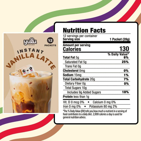 (12 8.47 oz) 3-in-1 YULU FOODS Vanilla Instant Latte Mix Servings, | Vanilla Powder with Creamer & Sugar | Non-Dairy |