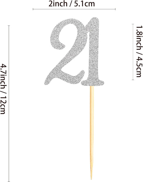 Sumerk 24PCS Silver Glitter Cupcake Toppers, 21st Birthday Cupcake Picks for Anniversary Party Decorations
