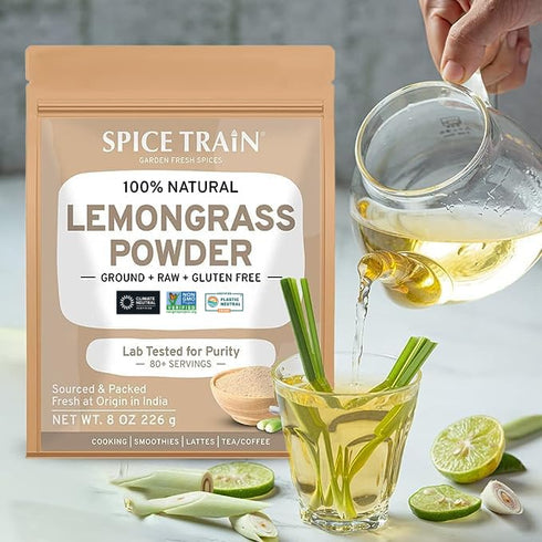 SPICE TRAIN Lemongrass Powder (226g/8oz) Non GMO, Gluten Free, 100% Raw, Sourced from India, For Cooking, Smoothies, Tea, Packed in Resealable Ziplock Pouch