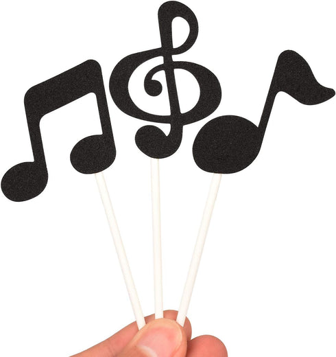 48 Pcs Black Glitter Music Notes Cupcake Toppers Musical Symbols Cake Picks for Kids Birthday Party Decorations