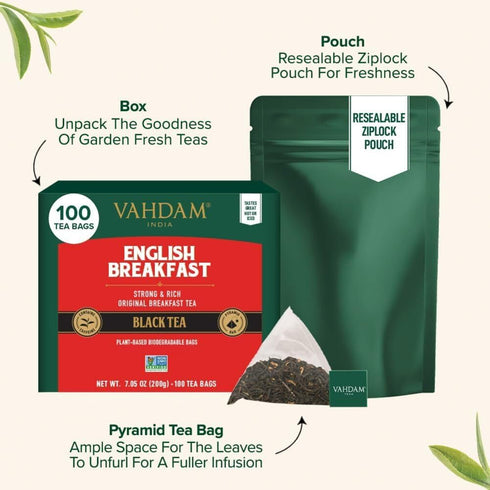 VAHDAM English Breakfast Black Tea Bags (100 Count) - High Caffeine, Strong, Robust Pyramid Tea Bags