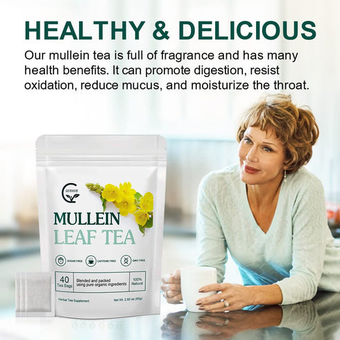 40 Mullein Leaf Tea Bags - Lungs Cleanse and Respiratory Support, Herbal Teas, Caffeine Free, Tea Bags
