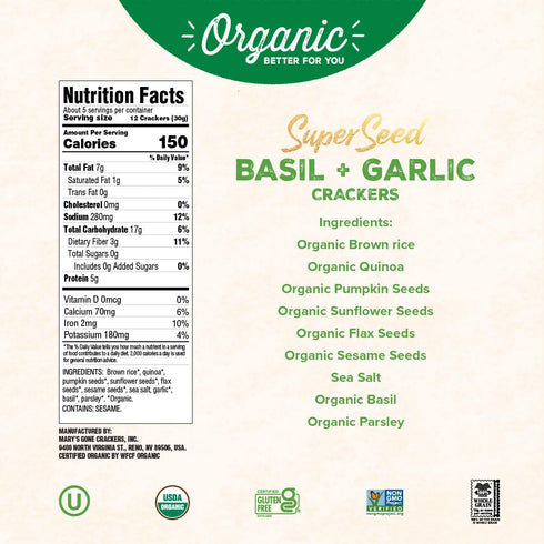 Mary's Gone Crackers Super Seed Crackers, Organic Plant Based Protein, Gluten Free, 5.5 Ounce