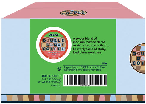 80 Count Pack Double Donut Coffee Double Donut Flavored Decaf Coffee, Decaf Cinnamon Bun Coffee, Decaf Coffee Pods