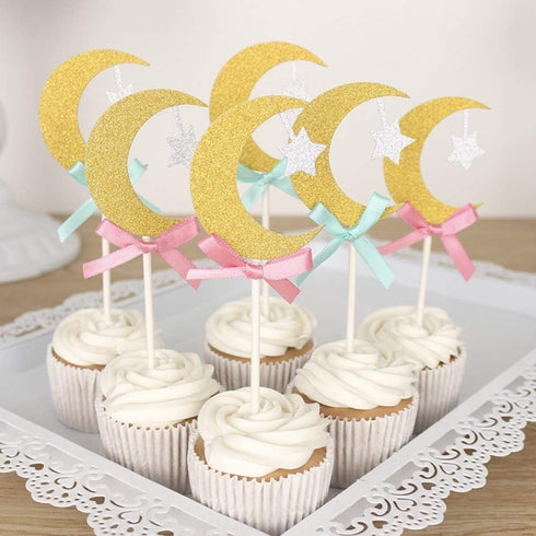 30Pcs Glitter Cupcake Toppers, Gold Moon & Silver Star with Pink Bowknot for Birthday Party, Baby Shower Decorations