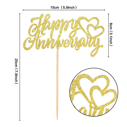 Gold Glitter Happy Anniversary Cake Topper, Wedding Anniversary Birthday Party Decoration Supplies