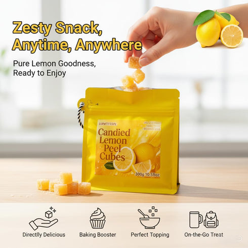 LWWTYKSPL 10.58oz Candied Lemon Peel Diced | Ready-to-Eat | Bag for Baking, Cooking & Snacks | Natural Ingredients