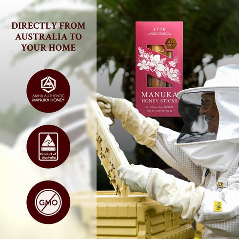 1770 83+ 30 15g, Naturally Australian MGO Manuka Honey Sticks x Organic Honey for Tea, Yogurt, & Travel Snacks