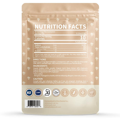 90 11.11 oz Hellomush Organic Instant Mushroom Coffee with Lions Mane, Reishi, Chaga and Cordyceps Coffee, Adaptogen