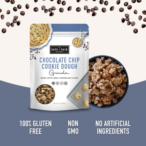 12oz Pack, 6 Pack Safe + Fair Chocolate Chip Cookie Dough Granola Gluten-Free, Dairy-Free & Vegan Snack Allergen-Free