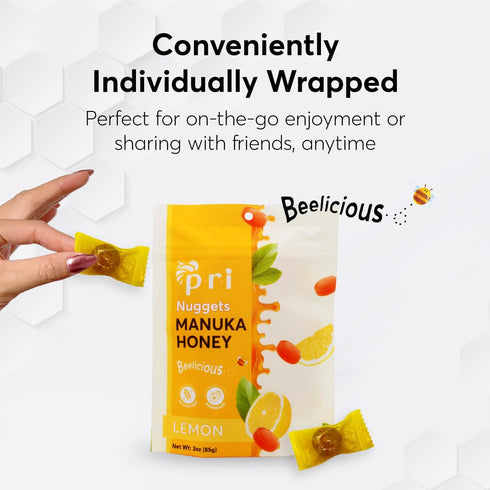 P.R.I Manuka Honey & Lemon Nuggets, Sweet and All Natural Hard Candy Treat, 3oz